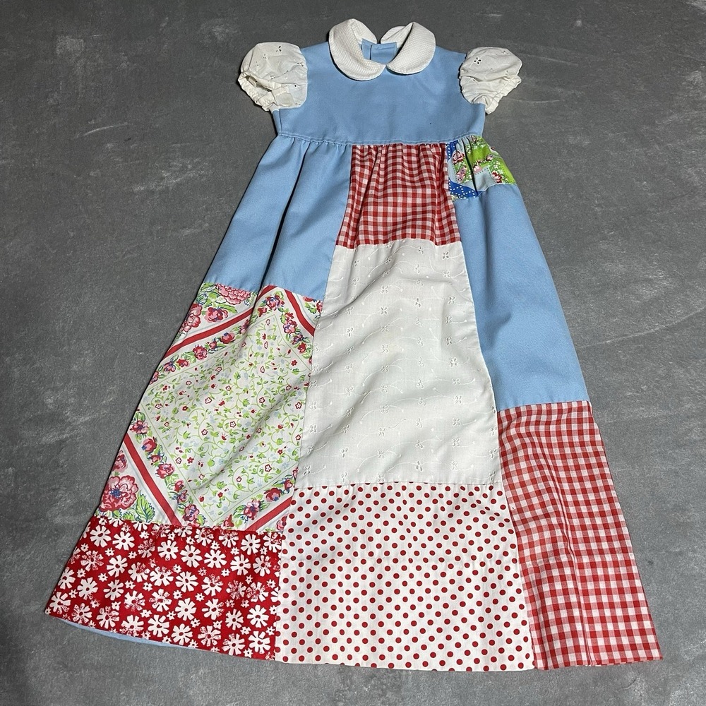 Vintage Patchwork Handmade Dress Girls 8 Floral Peter Pan Collar 70s